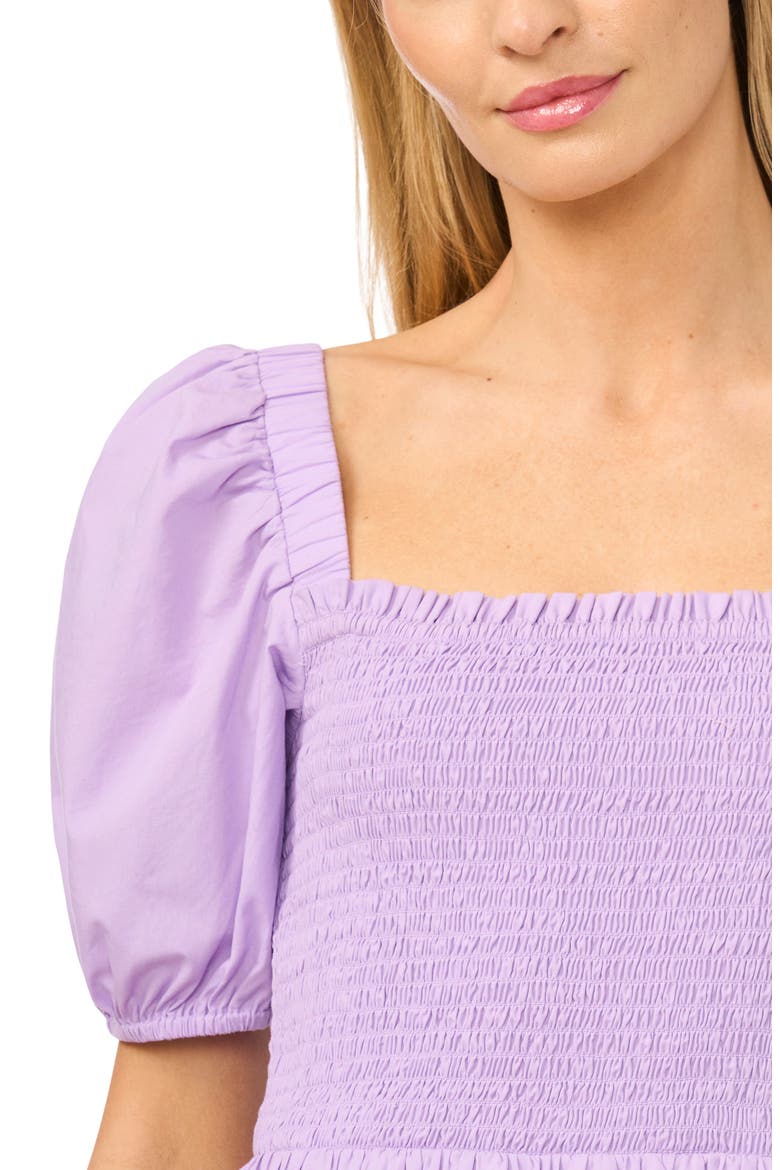 Smocked Cutout Puff Sleeve Midi Dress, Alternate, color, LILAC BREEZE
