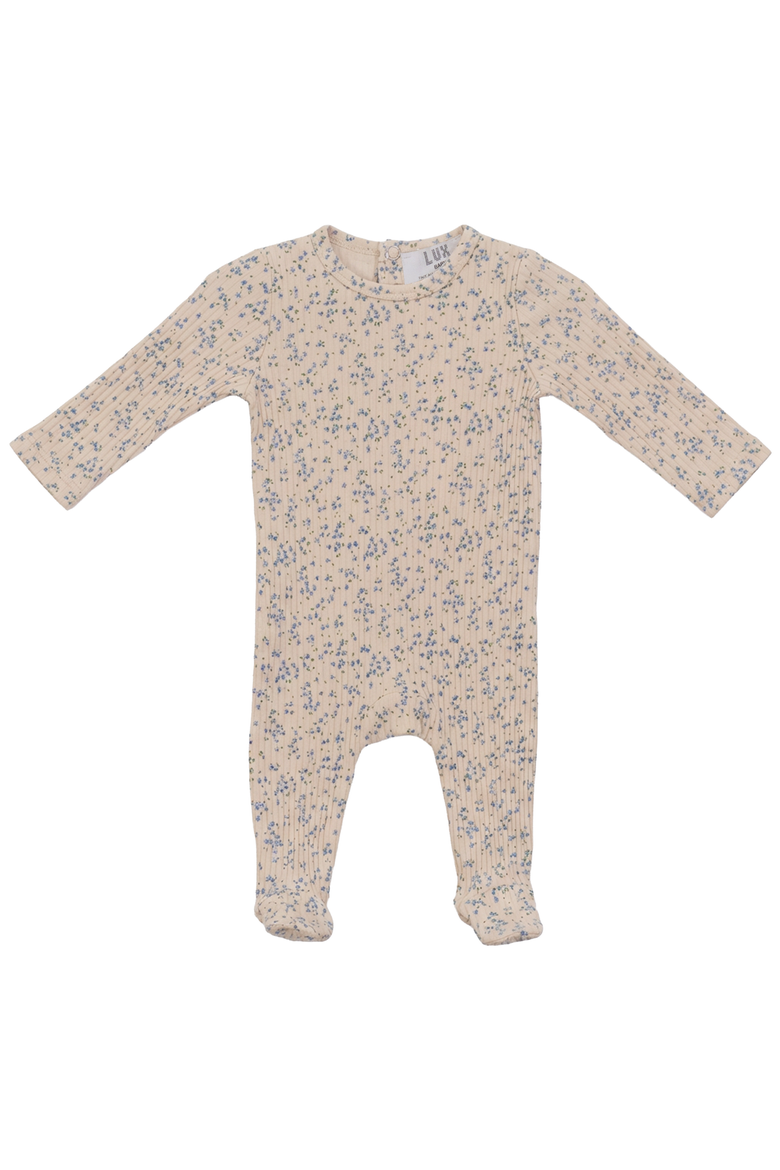 Boy Floral Cotton Rib Long Sleeve Snap Back Romper, Main, color, Blue