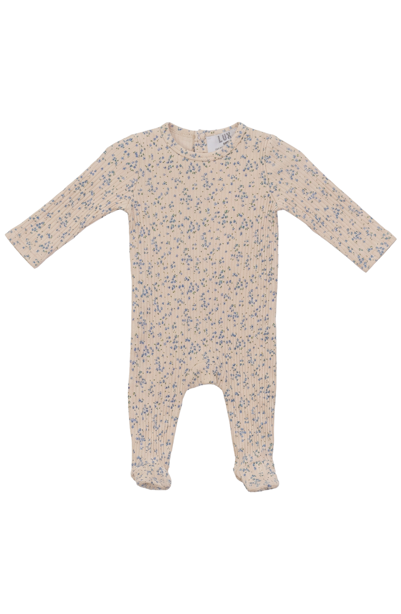 Lux Baby Boy Floral Cotton Rib Long Sleeve Snap Back Romper, Main, color, Blue