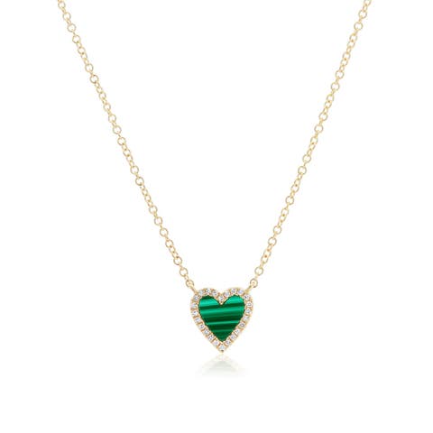 Mini Malachite Diamond Halo Heart Necklace