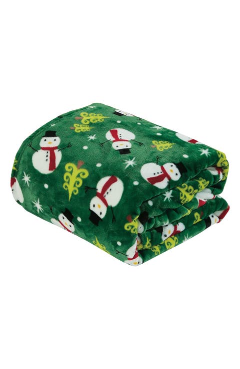 Green Snowman Plush Fleece Throw Blanket