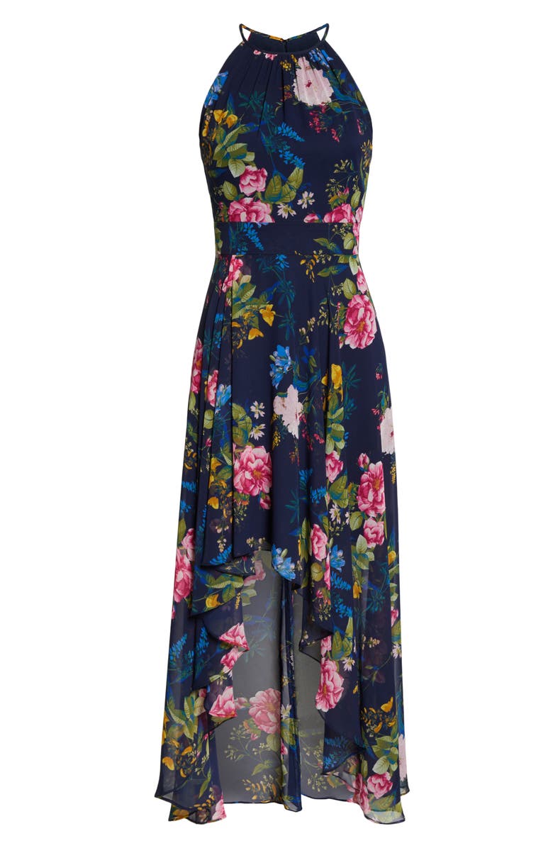 Eliza J Floral Print Chiffon High/Low Halter Midi Dress, Alternate, color, 