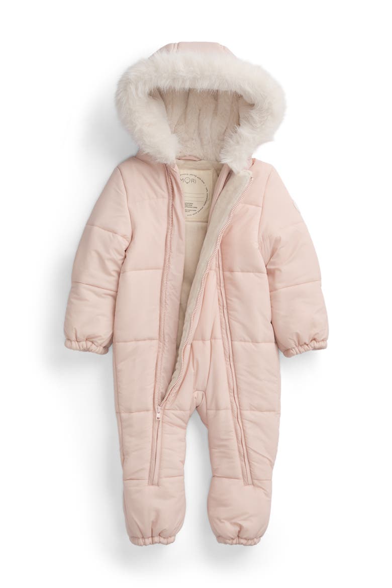 Recycled Faux Fur Lined Embroidered Snowsuit, Alternate, color, Peach Whip