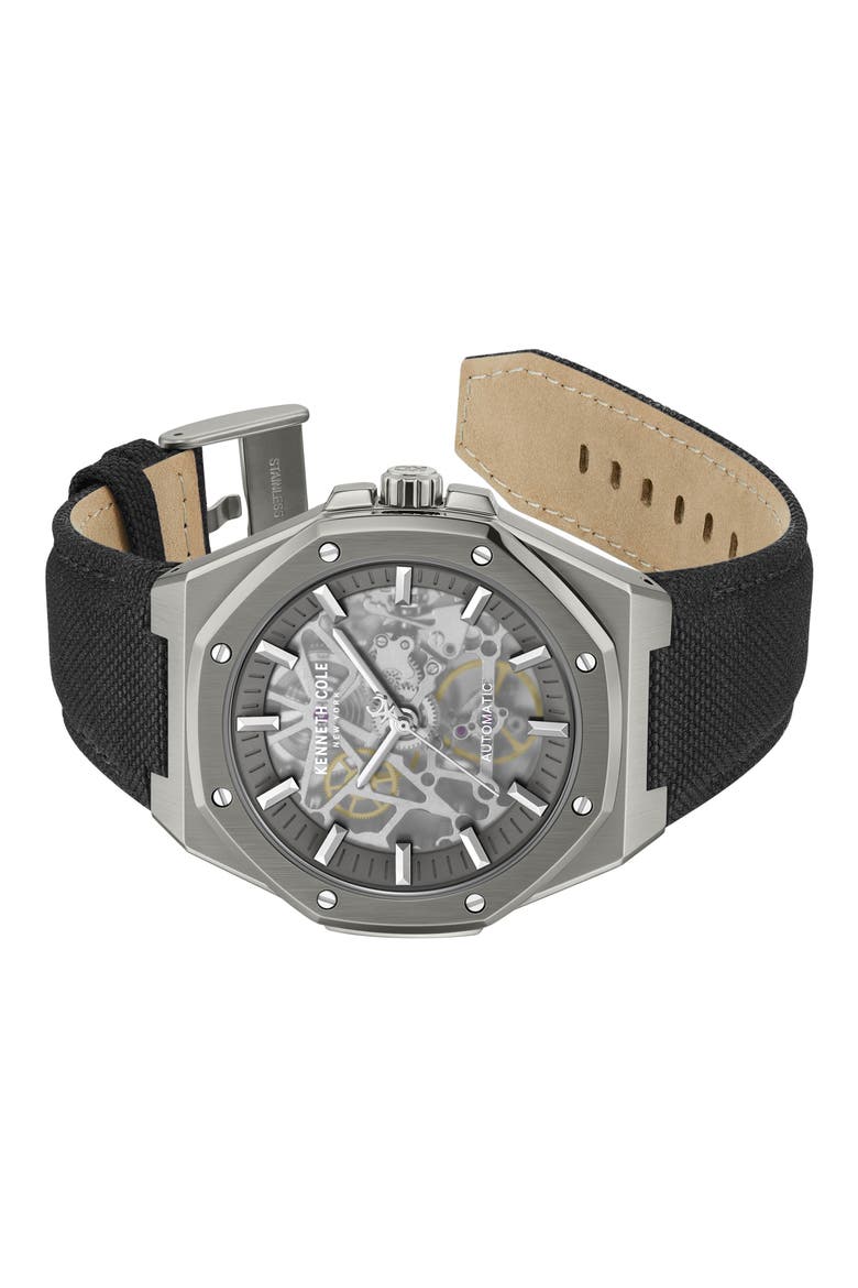 Benson Skeleton Automatic Nylon Strap Watch, 42mm, Alternate, color, BLACK
