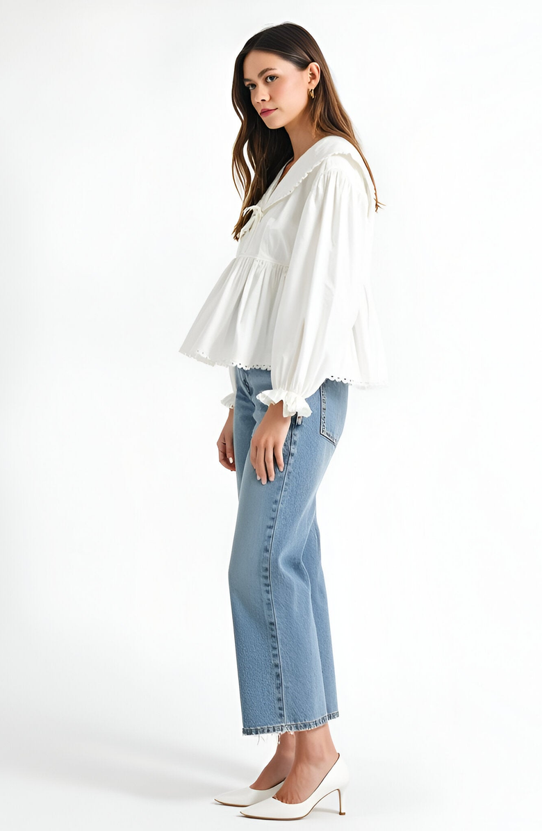 Modenaire Peplum Blouse with Oversized Collar, Scalloped Trim and Long Sleeves, Alternate, color, 