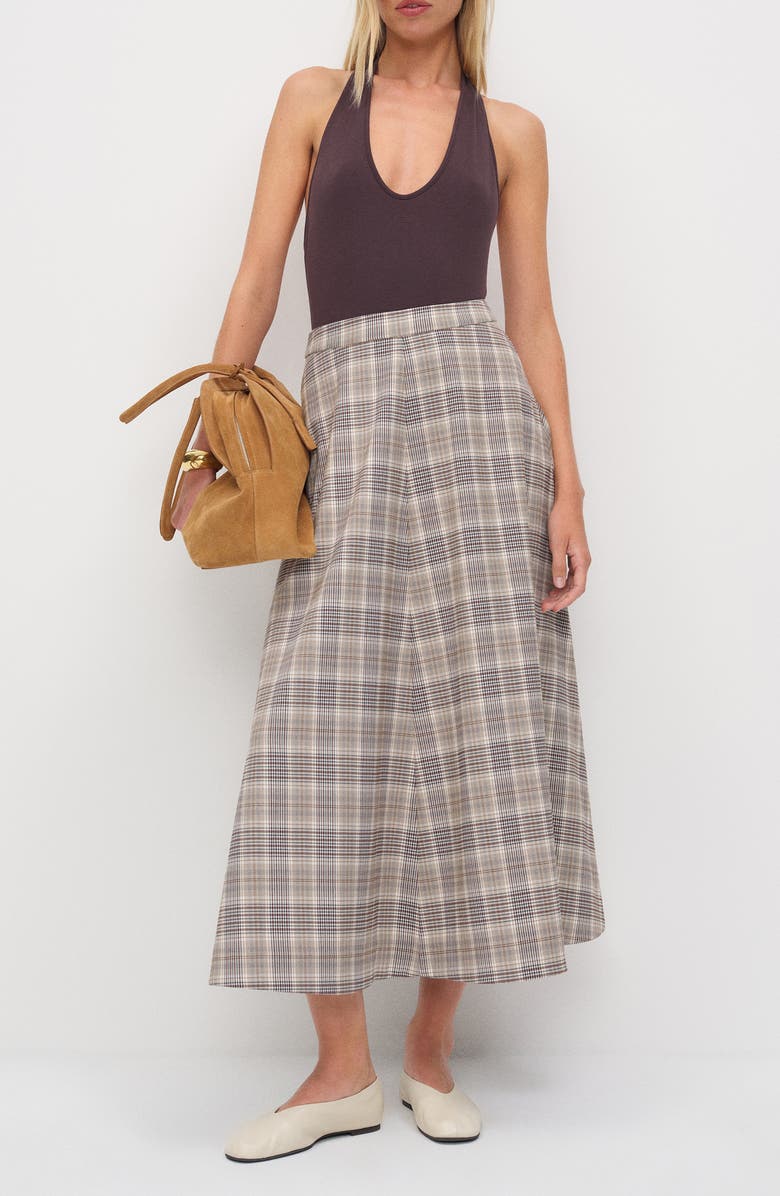 Reformation Peony Plaid Flare Skirt, Alternate, color, Brown Check