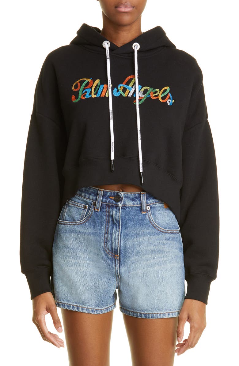 Palm Angels Embroidered Rainbow Crop Cotton Logo Hoodie, Main, color,