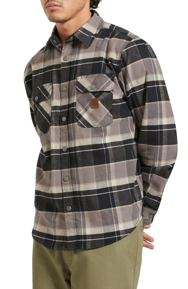 Brixton Builder's Bowery Standard Fit Plaid Flannel Water Repellent Snap-Up Shirt, Main, color, Black/ Charcoal/ Beige