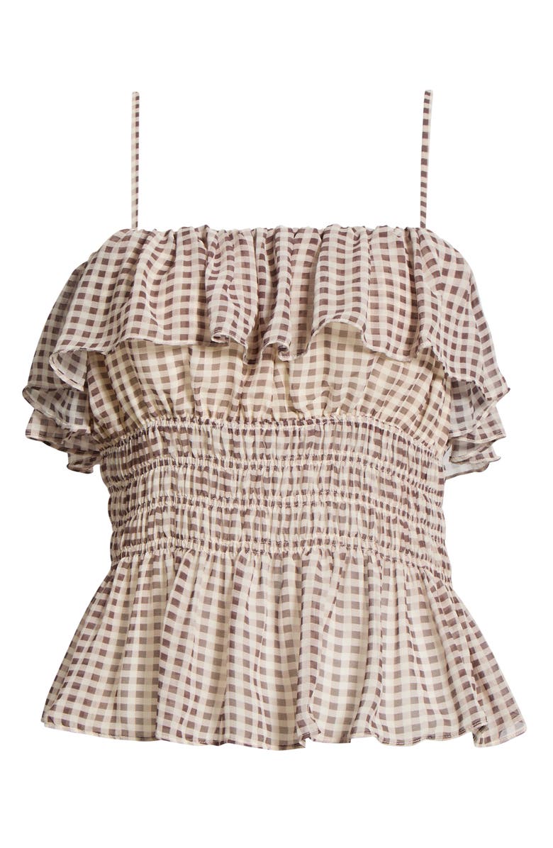 ASTR the Label Carmelitha Ditsy Floral Gingham Ruffle Trim Peplum Top, Alternate, color, Brown Gingham