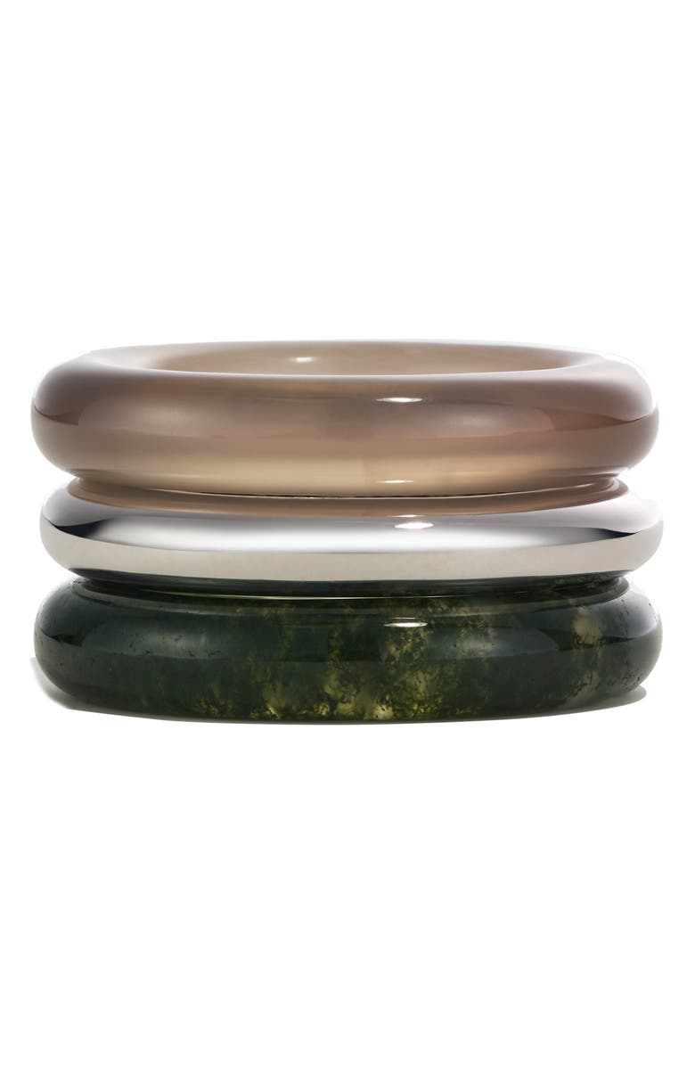BY PARIAH Stone Trilogy Set of 3 Stack Rings, Main, color, Grey/ Gold/ Green