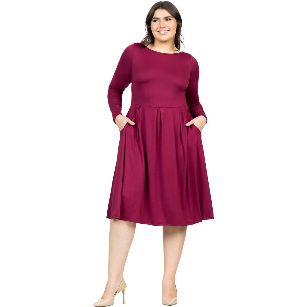24seven Comfort Apparel Long Sleeve Fit And Flare Midi Dress In Burgundy