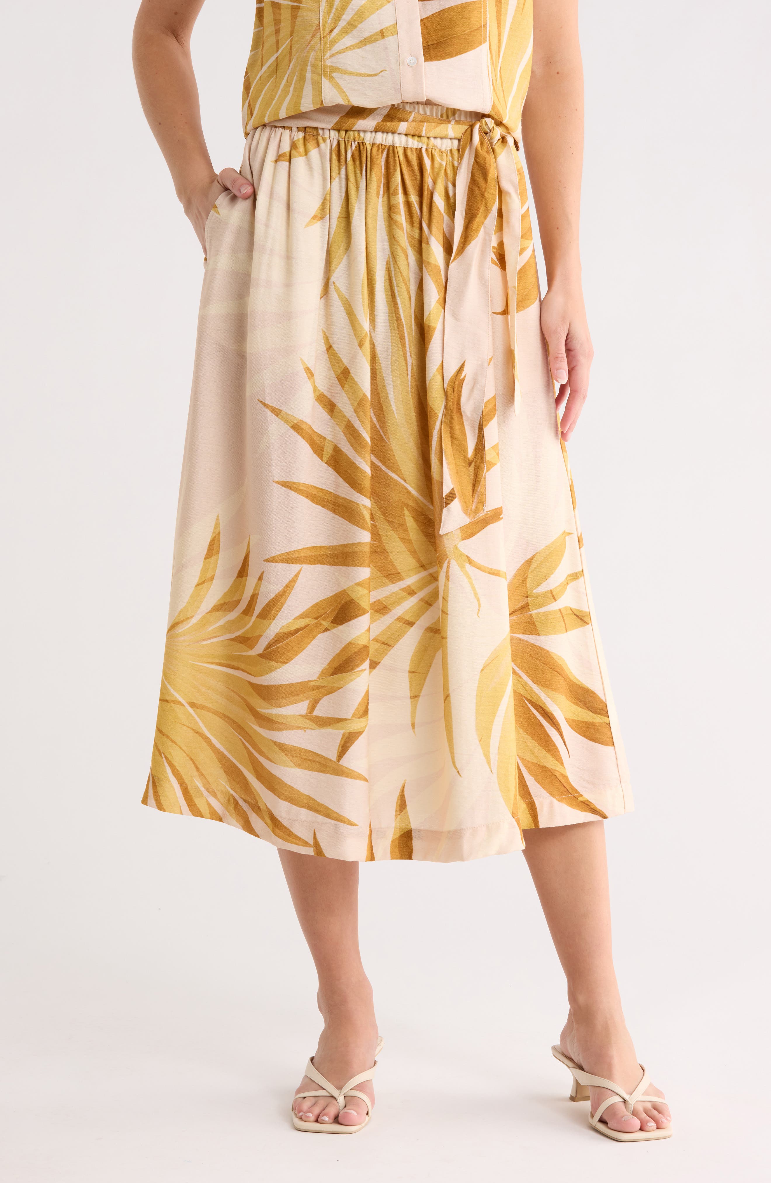Joie Palm Print Pull-On Midi Skirt