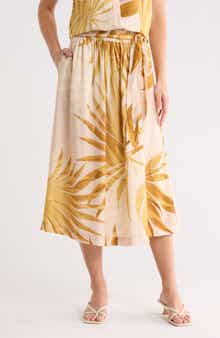 Palm Print Pull-On Midi Skirt