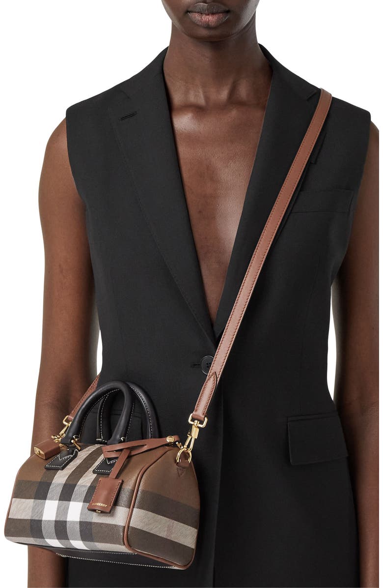 Burberry Mini Check Canvas & Leather Bowling Bag, Alternate, color, Dark Birch Brown Chk
