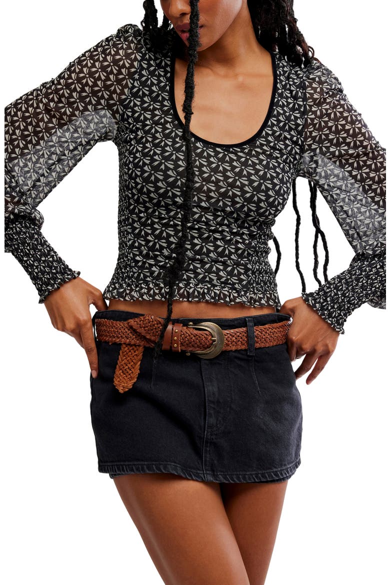 Dottie Bow Print Sheer Sleeve Smocked Top, Main, color, BLACK COMBO