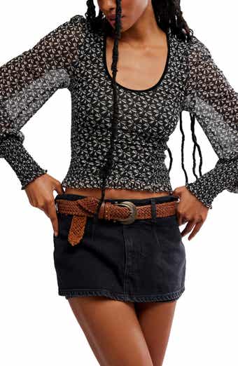 Free People Dottie Bow Print Sheer Sleeve Smocked Top