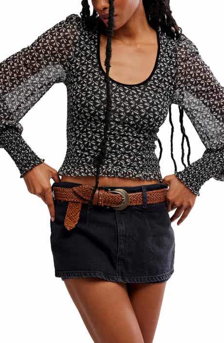 Free People Dottie Bow Print Sheer Sleeve Smocked Top