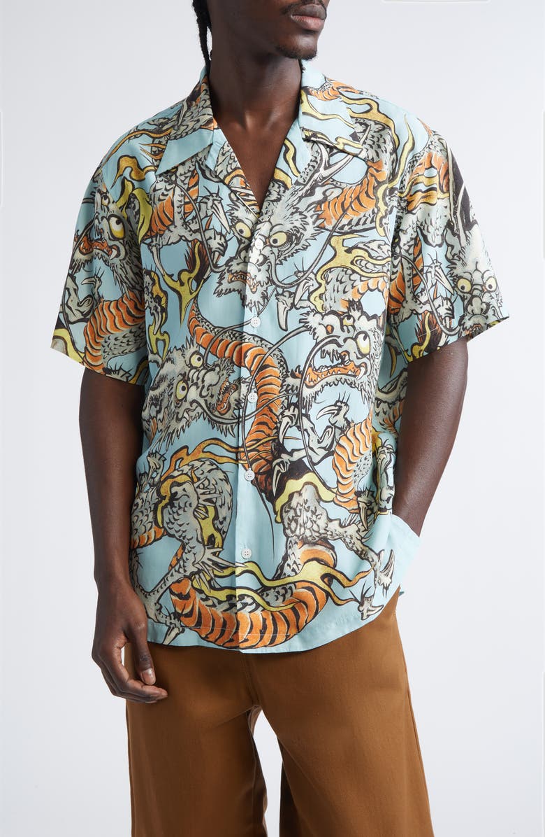 ENDLESS JOY Tiga Naga Print Camp Shirt, Main, color, Blue