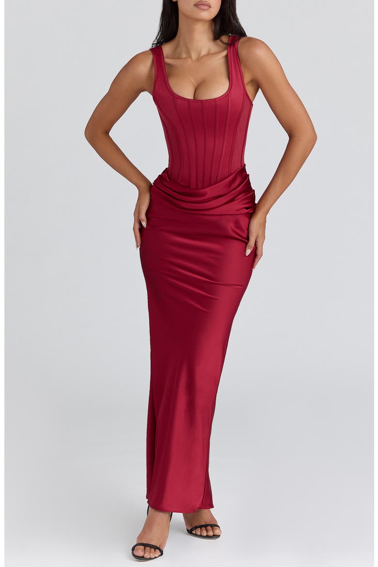 Kira Corset Bodice Satin Gown, Alternate, color, RED