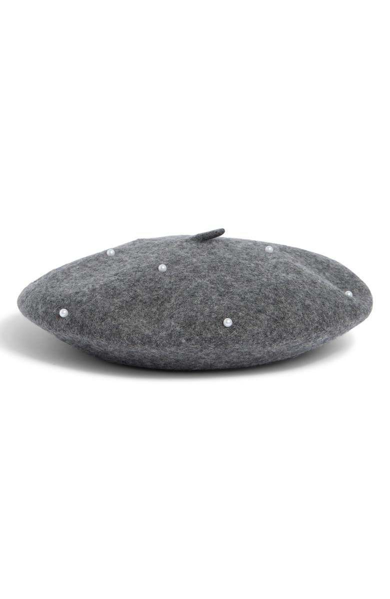 Tasha Imitation Pearl Wool Blend Beret, Main, color, Grey