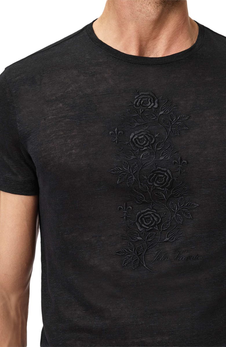 John Varvatos Rose Vine Embroidered Linen T-Shirt, Alternate, color, Black