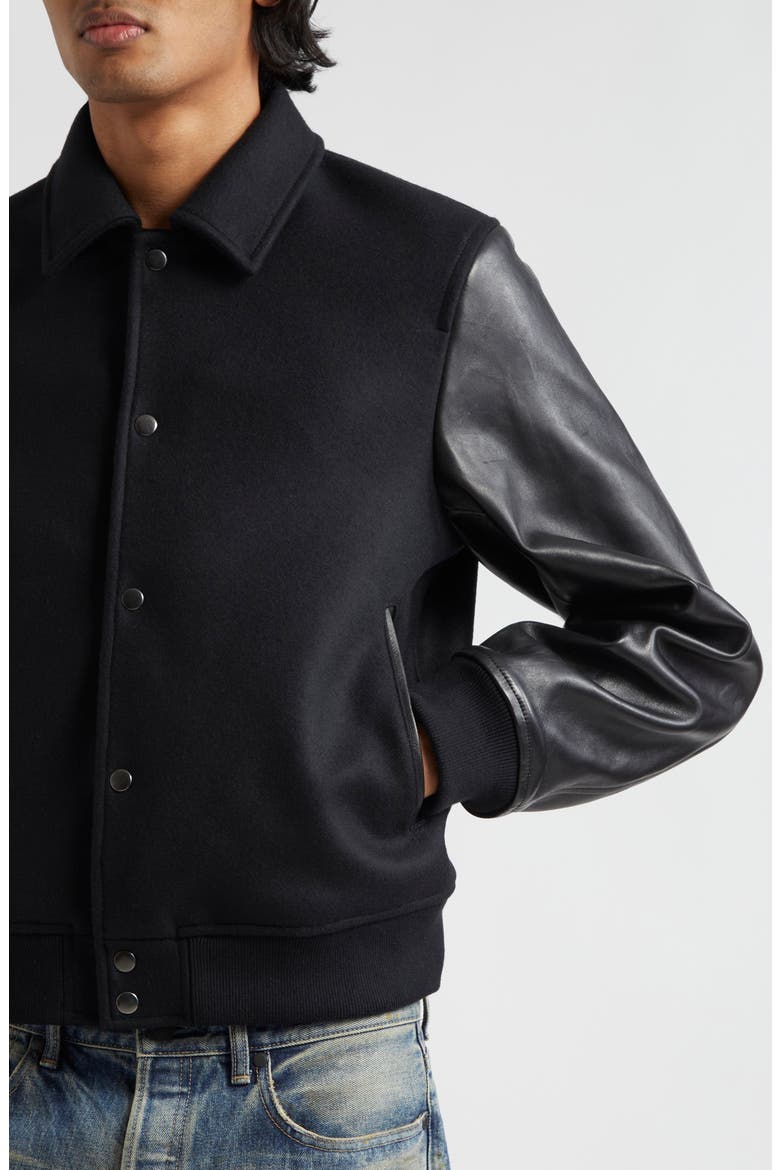 Wool Blend & Leather Varsity Jacket, Alternate, color, BLACK