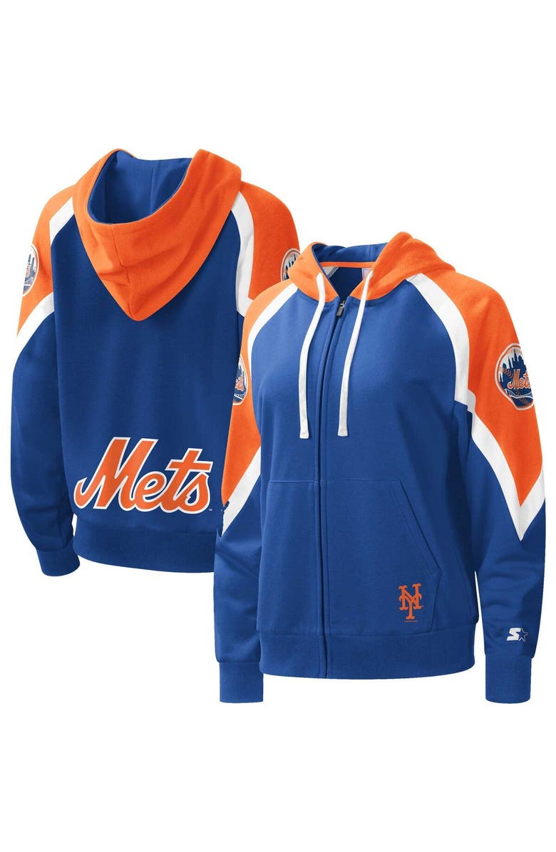 STARTER Women's Starter Royal/Orange New York Mets Hail Mary Full-Zip Hoodie, Main, color, 