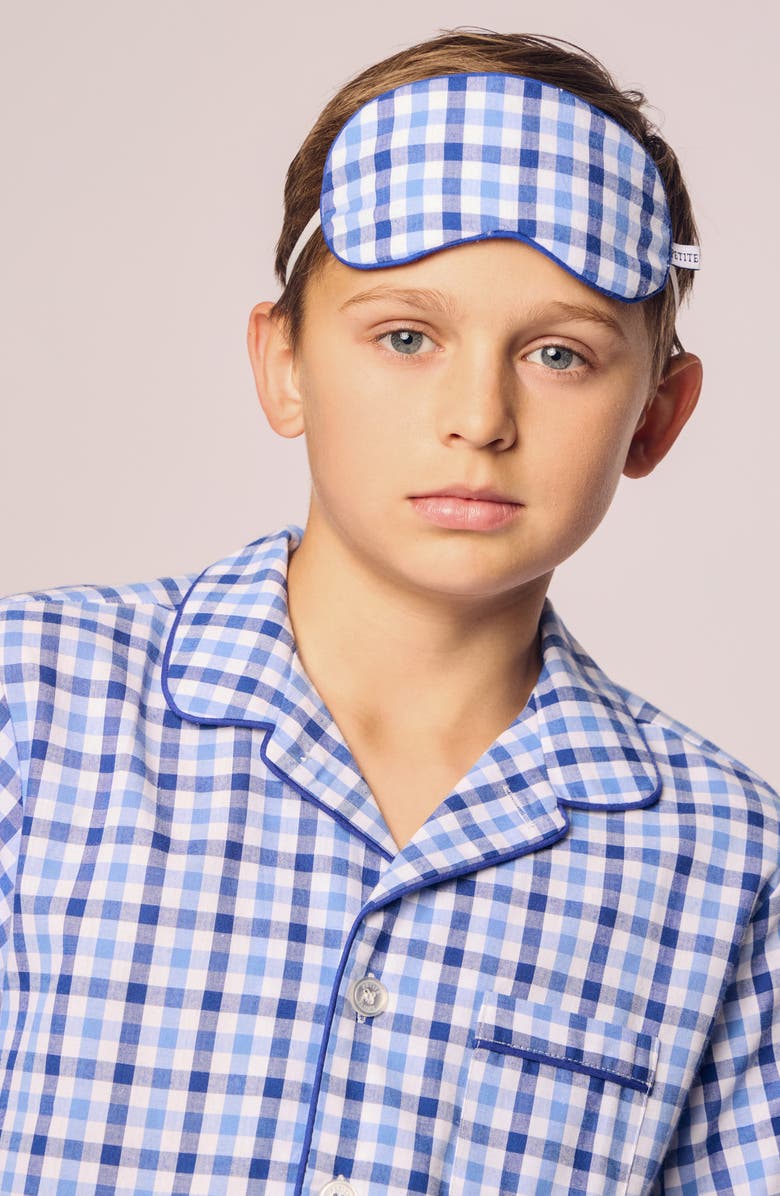 Petite Plume Kids' Gingham Cotton Blend Twill Two-Piece Short Pajamas, Alternate, color, Blue