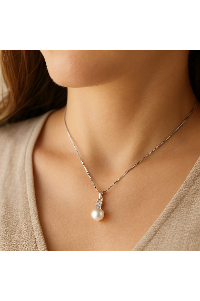 White Gold Pearl Pendant Necklace with Cubic Zirconia Accent Stone Necklace, Alternate, color, Silver