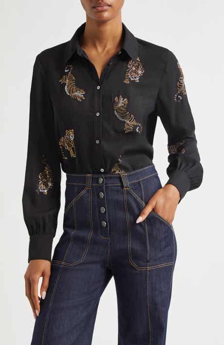 Cinq à Sept Blanche Beaded Tiger Detail Satin Button-Up Shirt