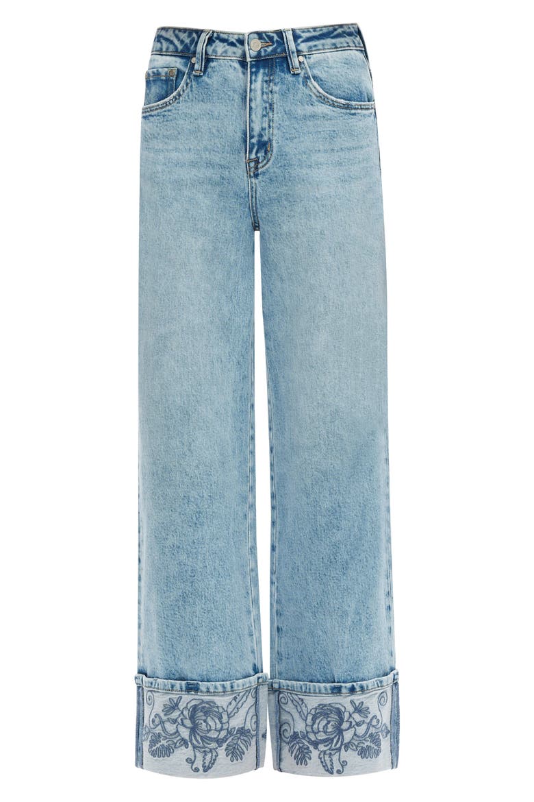 Flora Embroidered High Waist Cuffed Wide Leg Jeans, Alternate, color, LIGHT BLUE