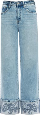 Bayeas Flora Embroidered High Waist Cuffed Wide Leg Jeans