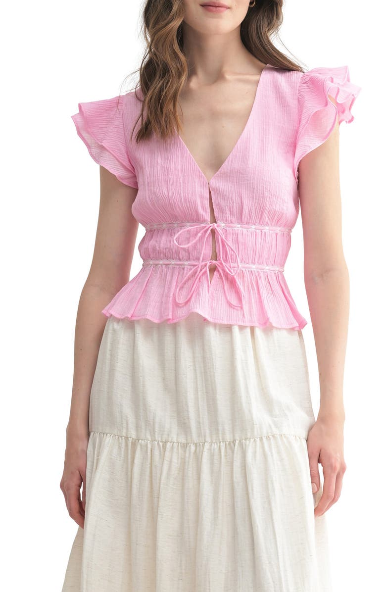 All in Favor Plissé Flutter Sleeve Peplum Top, Main, color, Pink