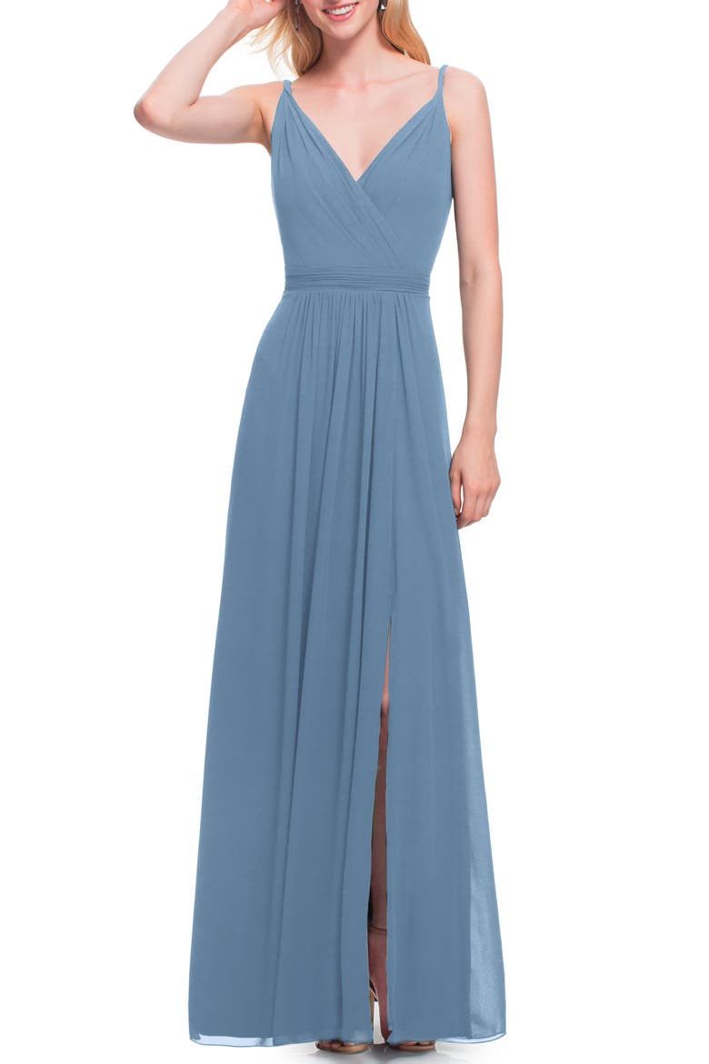 Surplice Neck Chiffon A-Line Gown, Main, color, SLATE
