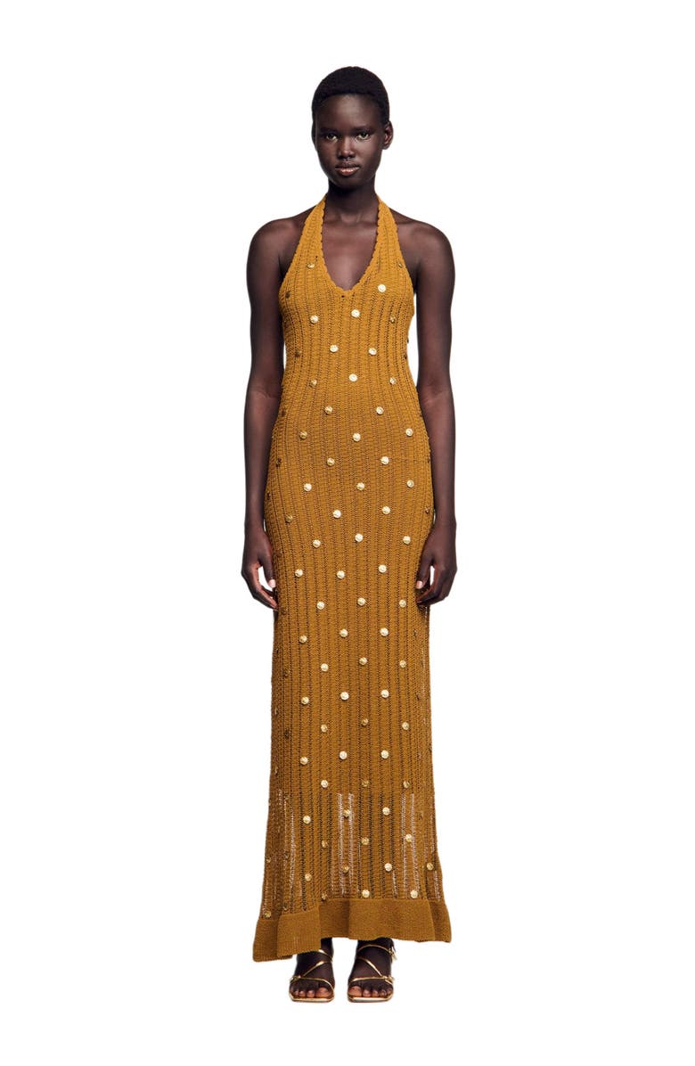 SANDRO Long knit dress with fringes, Alternate, color, 