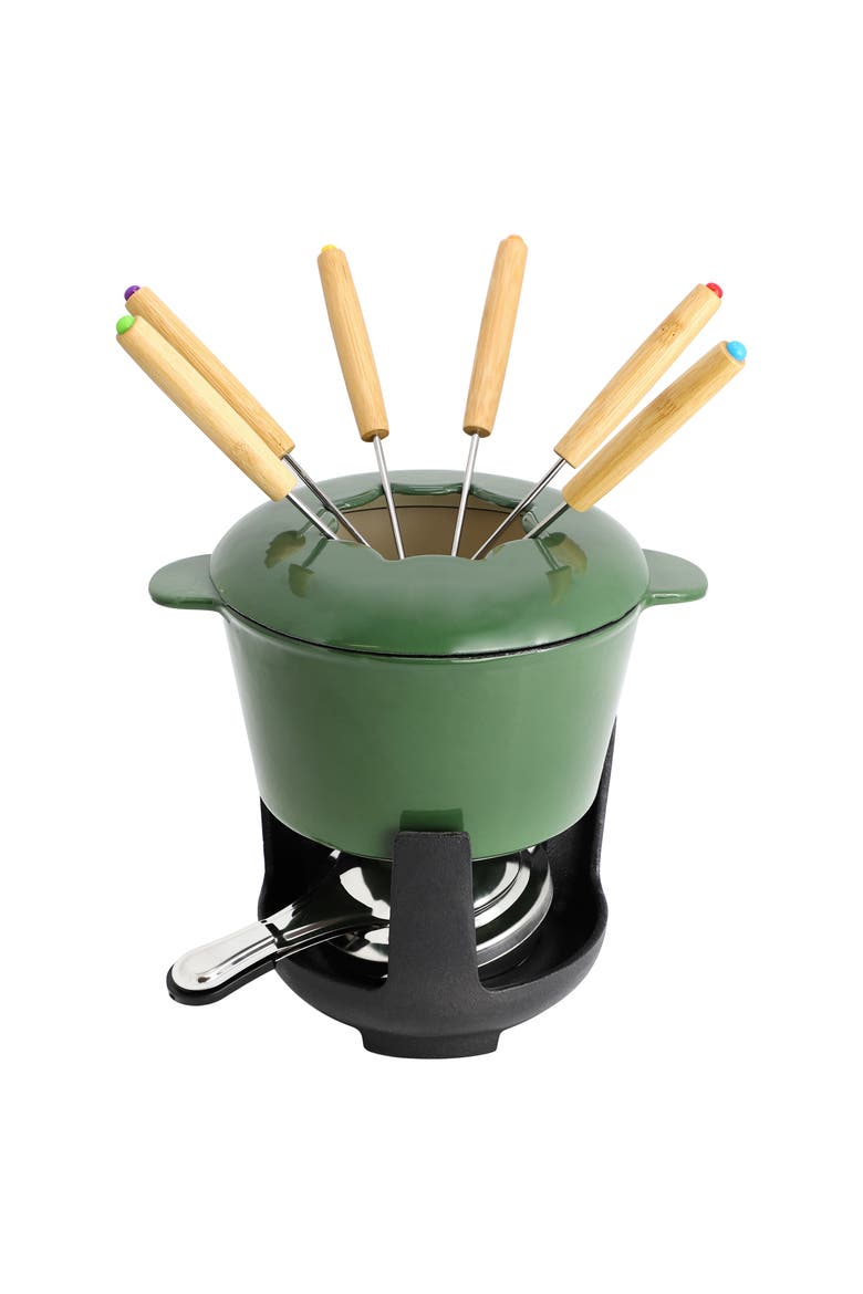 Enameled Cast Iron Fondue Pot with 6 Serving Forks in Green, Alternate, color, Green