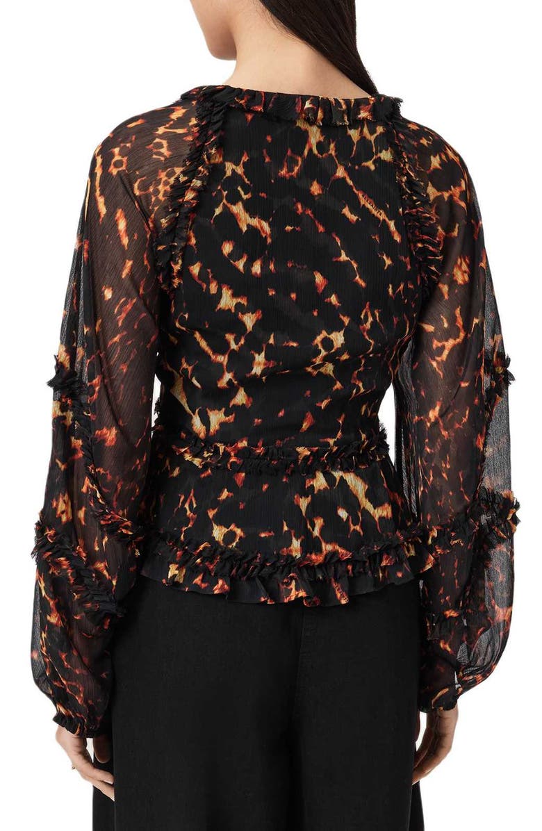 AllSaints Silvie Print Ruffle Top, Alternate, color, Pardus Flame Brown