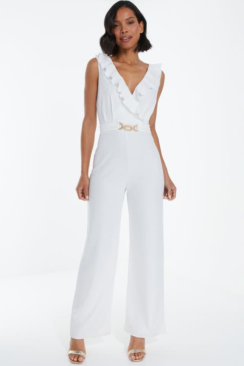 QUIZ Buckle Frill Detail Palazzo Jumpsuit in White  product