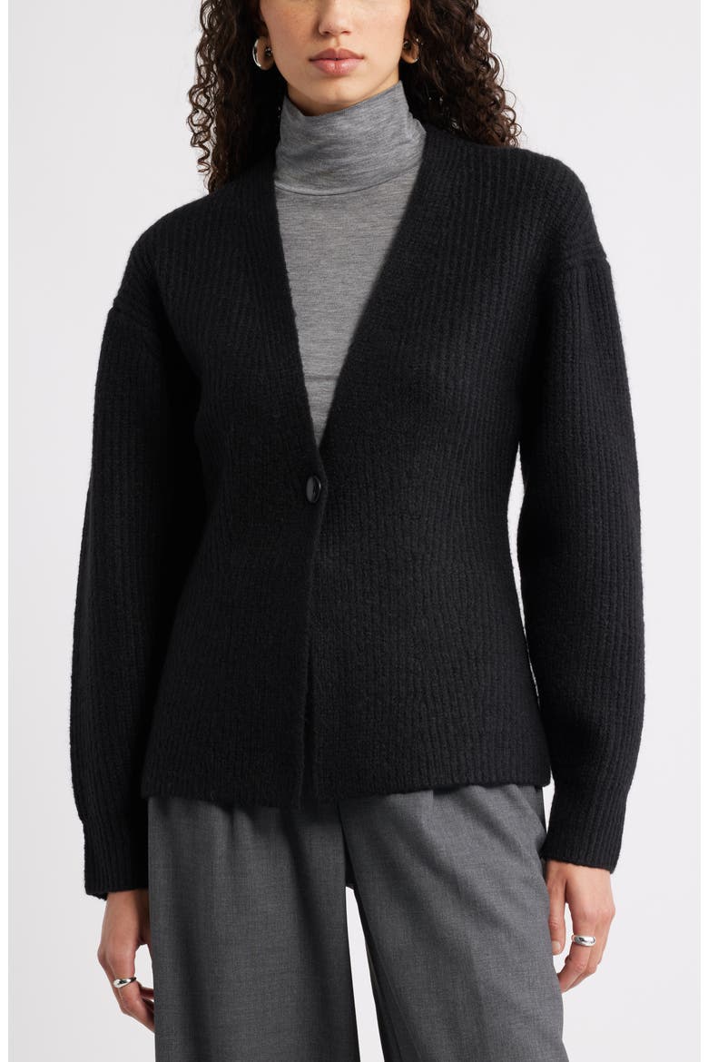 One-Button V-Neck Rib Cardigan, Main, color, BLACK