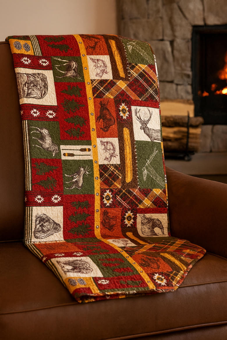 Keaton Forest Bear Deer Moose Patchwork Cotton Throw Blanket 48" x 60", Alternate, color, Orange