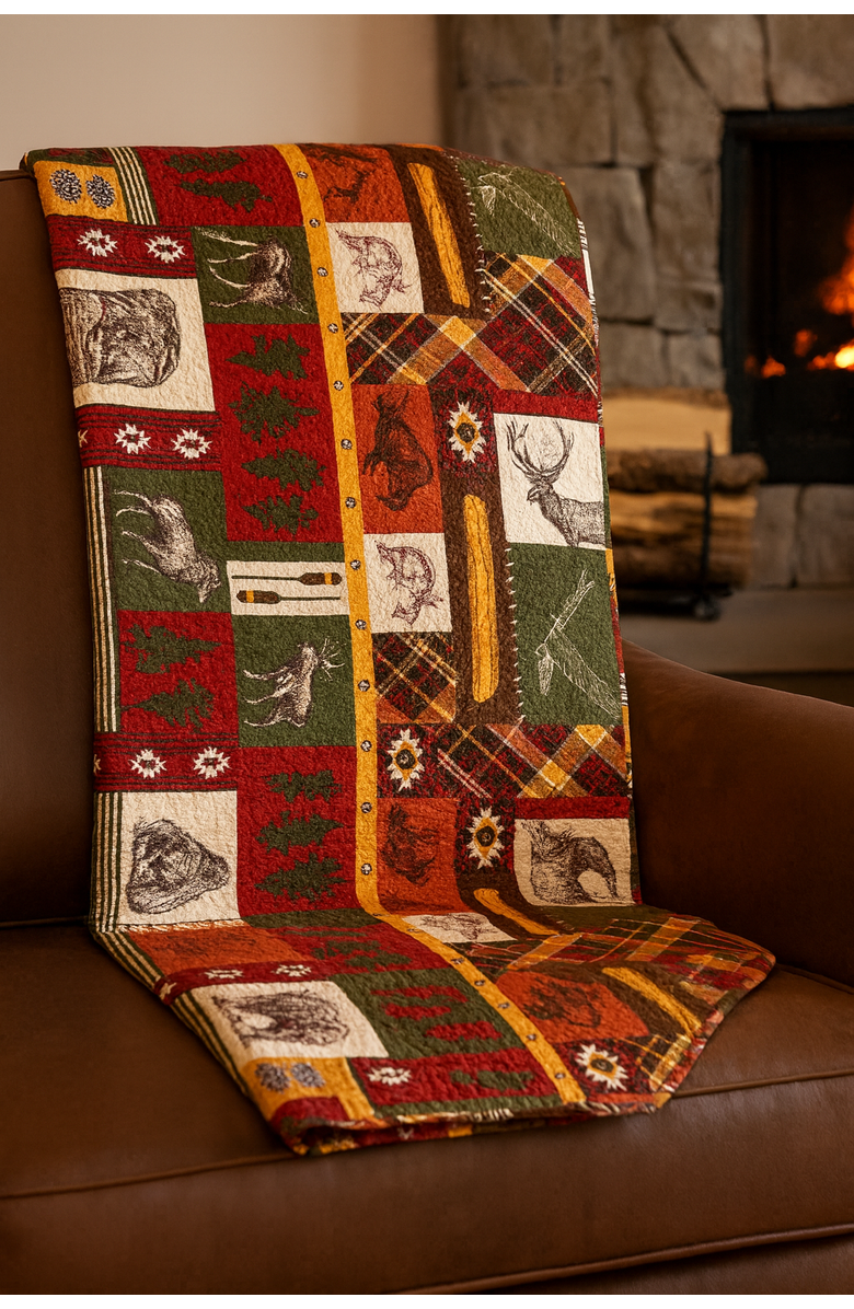 C&F Home Keaton Forest Bear Deer Moose Patchwork Cotton Throw Blanket 48" x 60", Alternate, color, Orange
