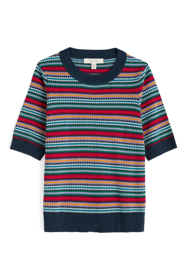 Rock Bell Stripe Short Sleeve Organic Cotton Crewneck Sweater, Alternate, color, KNIT ZIG ZAG CLOVER MARITIME