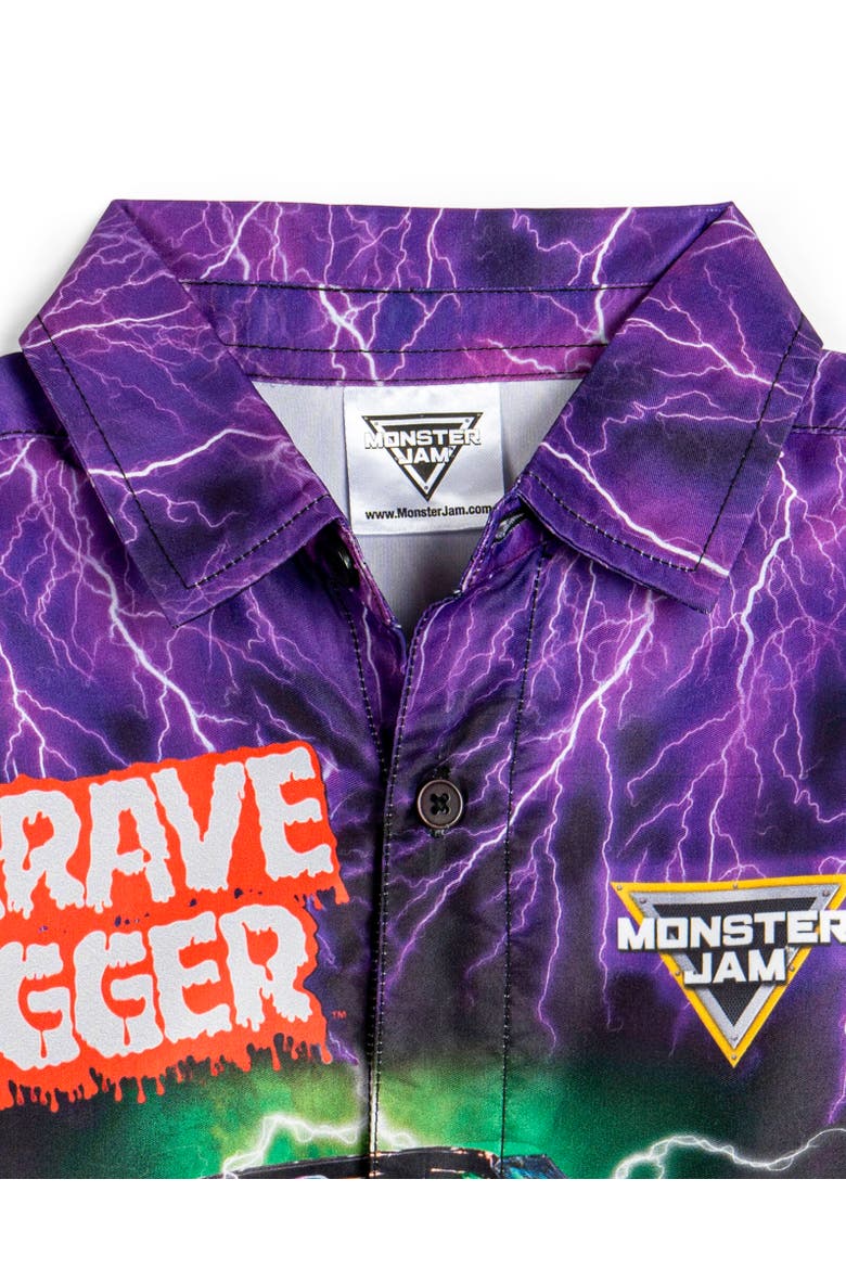Grave Digger Short Sleeve Button Down Shirt, Alternate, color, Purple/Green