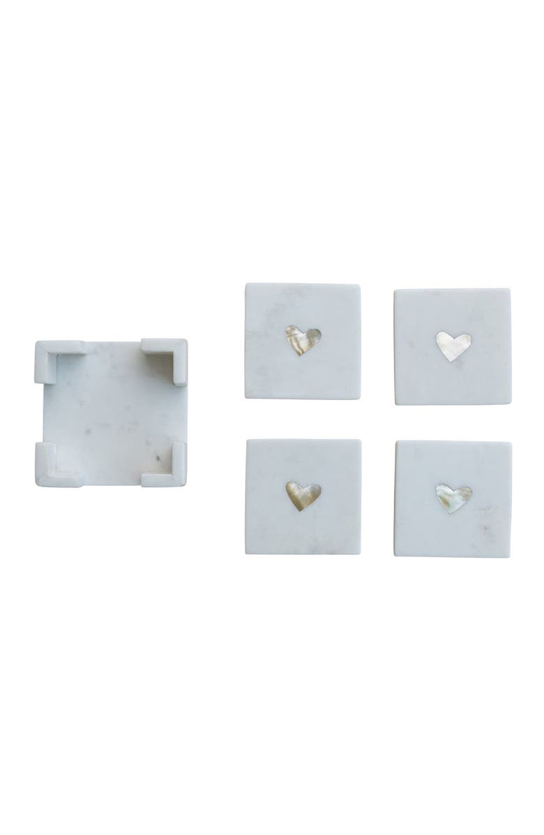 Storied Home Marble Coasters with Heart Shaped Mother of Pearl Inlay, White and Natural, Alternate, color, White