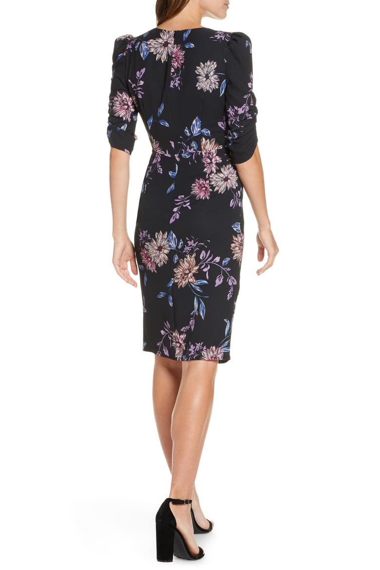 Floral Ruched Crepe Dress, Alternate, color, BLACK