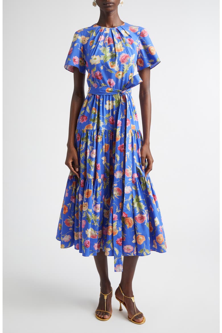 Poppy Print Tiered stretch Cotton Midi Dress, Main, color, BLUEBELL MULTI