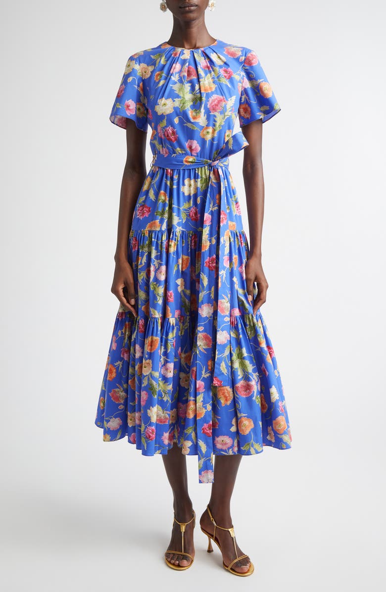 Carolina Herrera Poppy Print Tiered stretch Cotton Midi Dress, Main, color, Bluebell Multi