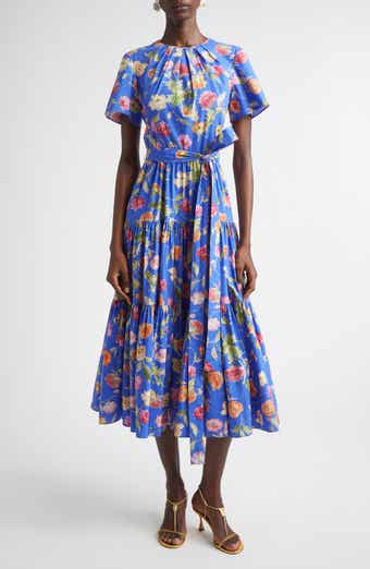 Poppy Print Tiered stretch Cotton Midi Dress
