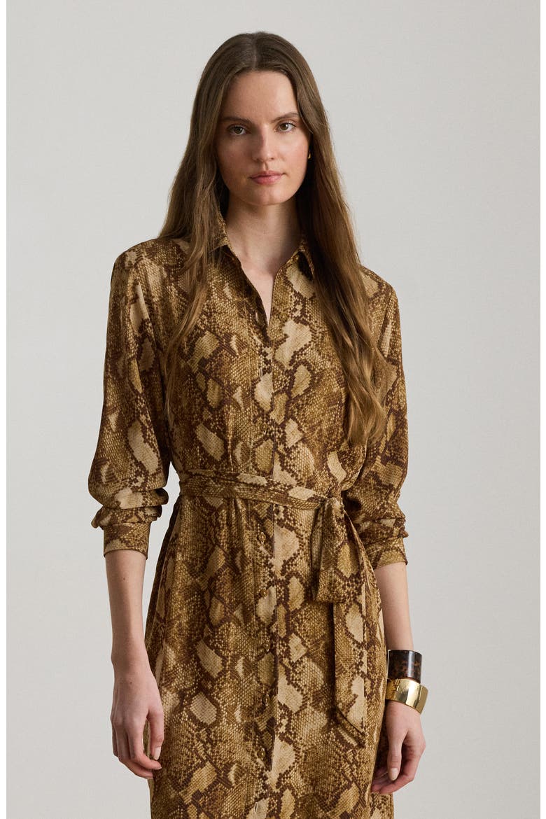 Snake Print Belted Georgette Midi Shirtdress, Alternate, color, BEIGE/ MULTI