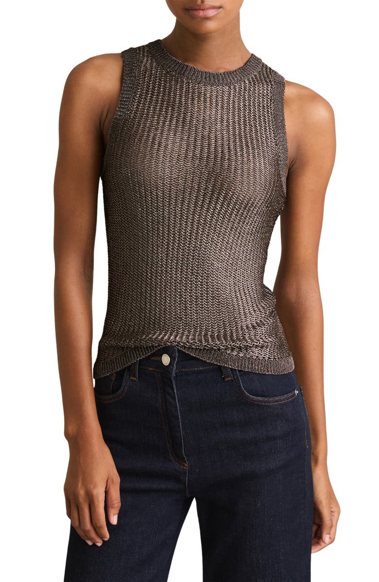 Reiss Tia Chevron Stitch Metallic Tank, Main, color, Gunmetal